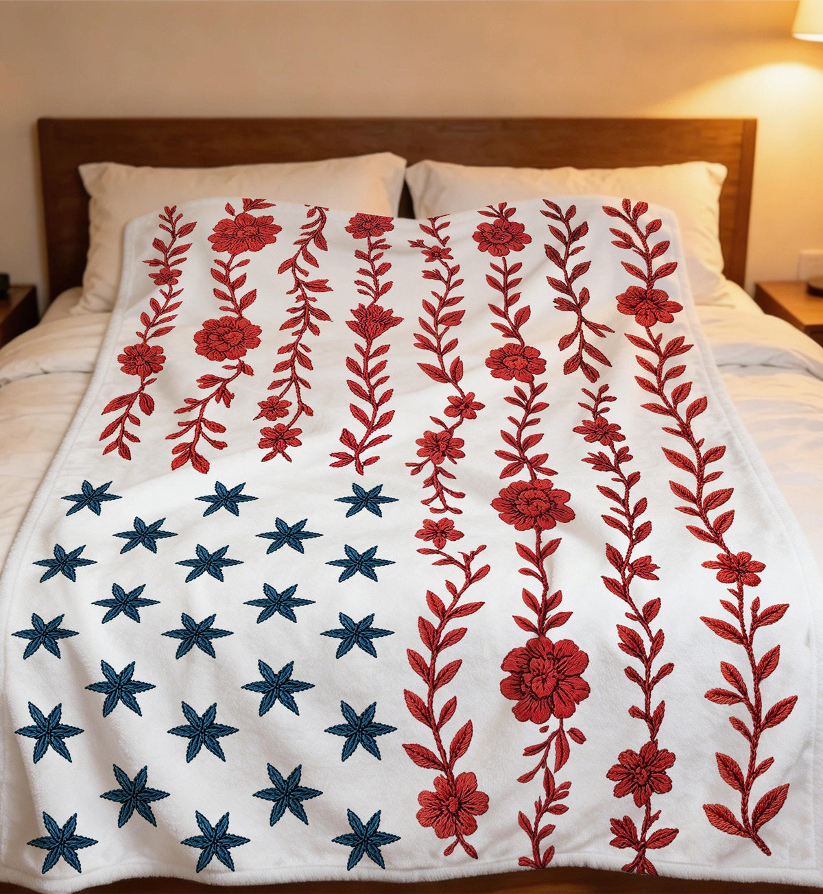 Floral American Flag Throw Blanket,Red Wildflower USA Blanket,Cozy Soft Flannel Blanket,Patriotic Decor,Americana Stars Blanket,Warm Blanket