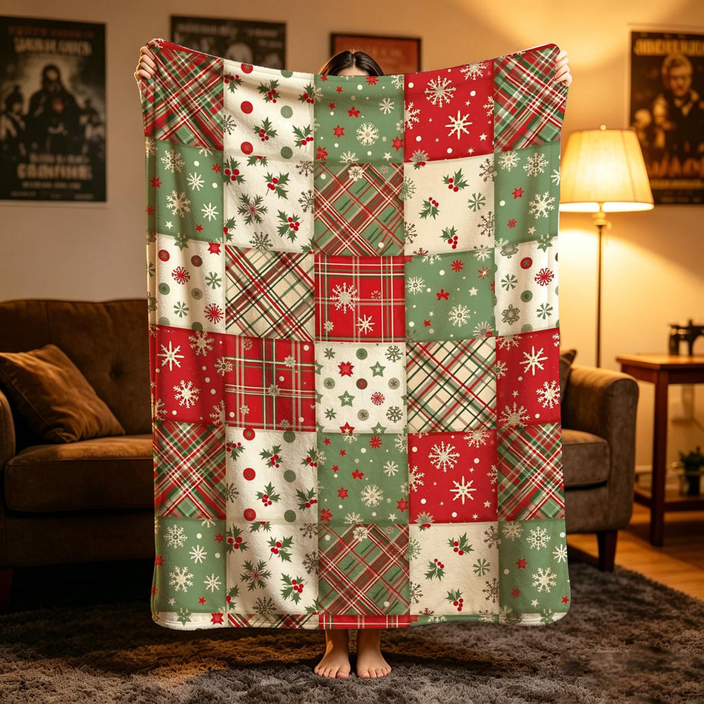 Christmas Lover Blanket, Patchwork Plaid Throw, Red Green Flannel, Cozy Holiday Decor, Gift for Family Home