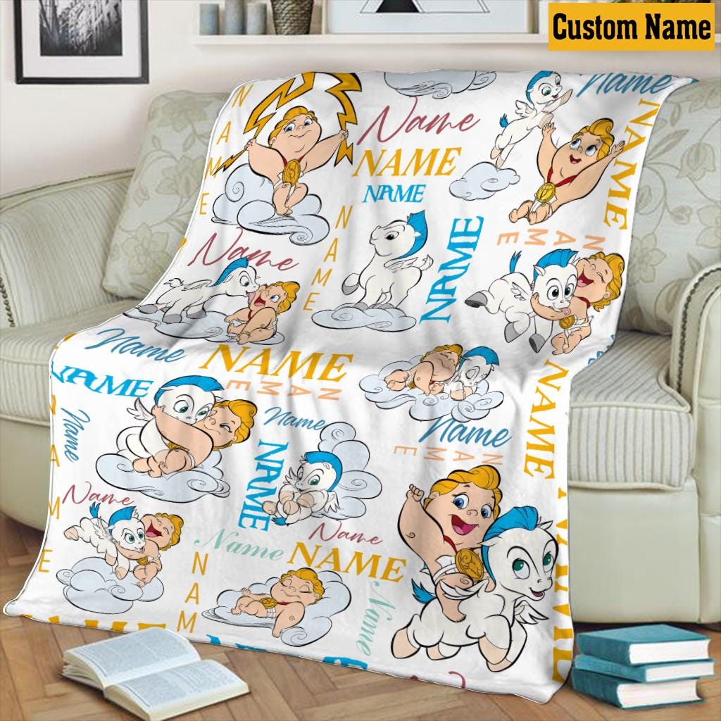Personalized Baby Hercules Blanket, Custom Name Cute Baby Pegasus Fleece Throw Blanket, Cute Nursery Bedding, Cozy Kids Birthday Gift