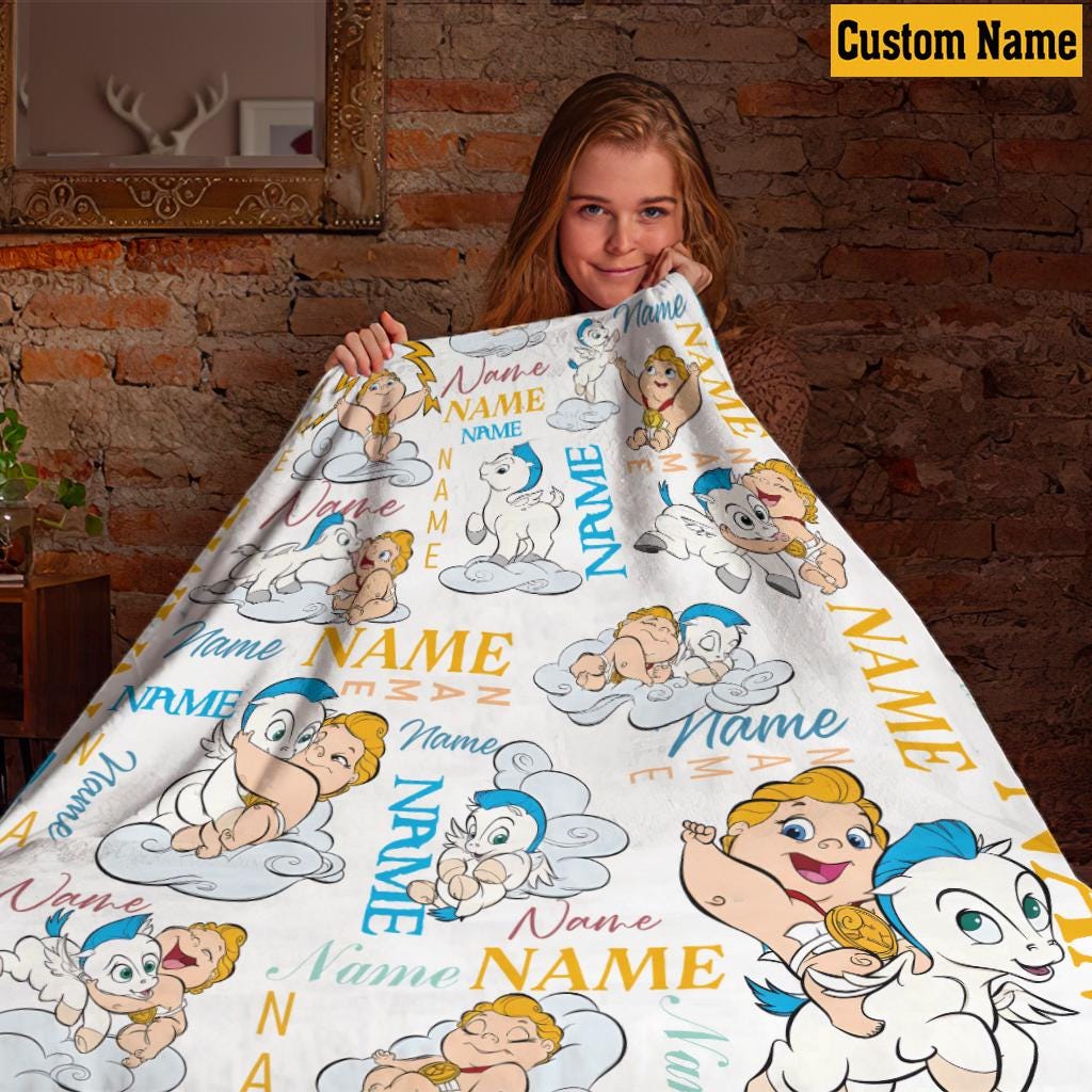 Personalized Baby Hercules Blanket, Custom Name Cute Baby Pegasus Fleece Throw Blanket, Cute Nursery Bedding, Cozy Kids Birthday Gift