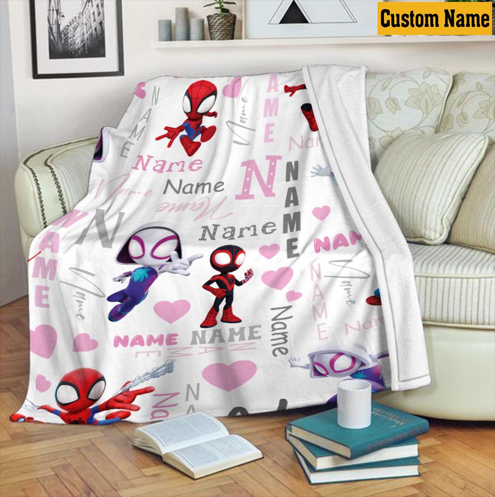 Personalized Spidey and Friends Blanket, Custom Name Cute Spider Fleece Throw, Cute Superhero Girl Room Decor Kids Gift, Birthday Boy