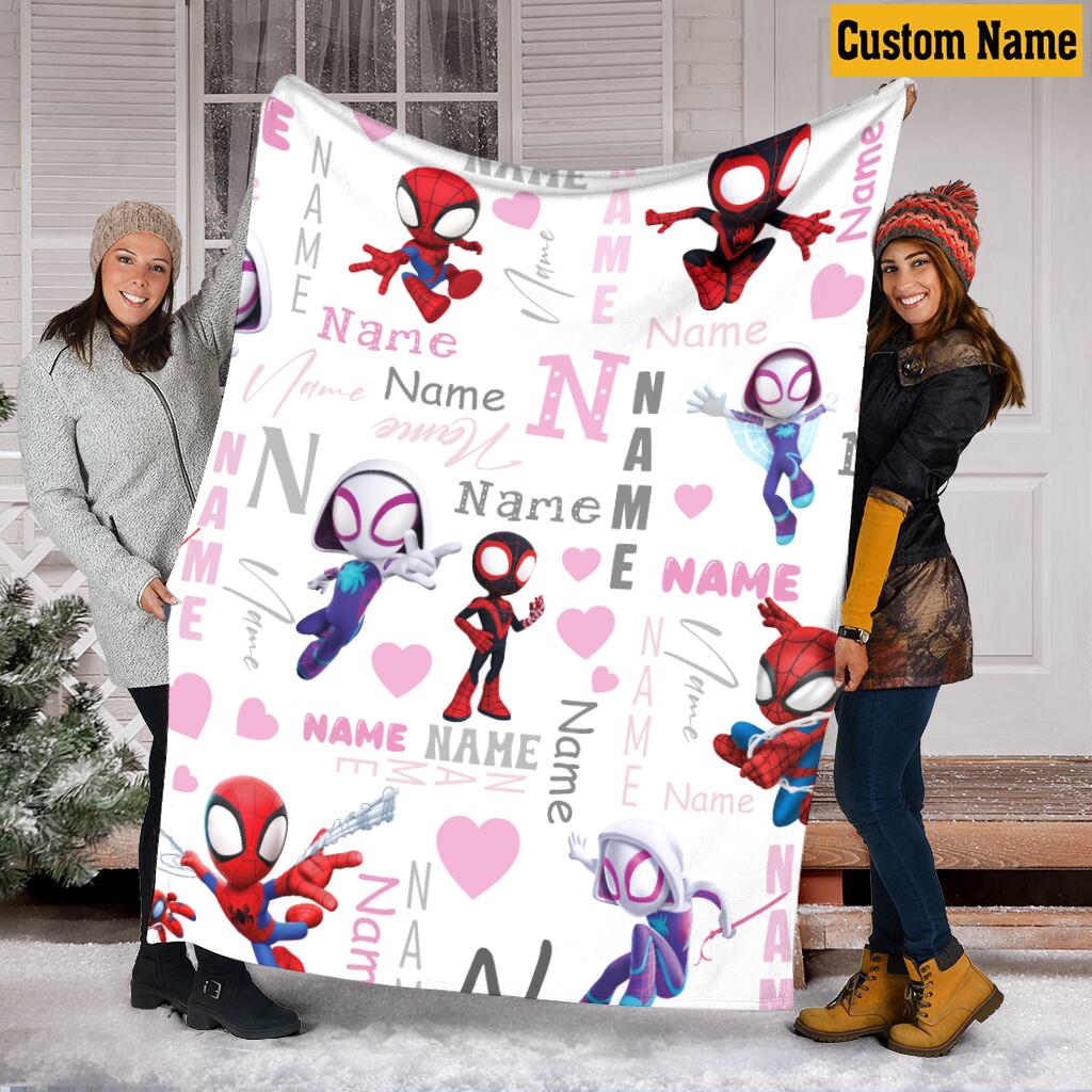 Personalized Spidey and Friends Blanket, Custom Name Cute Spider Fleece Throw, Cute Superhero Girl Room Decor Kids Gift, Birthday Boy