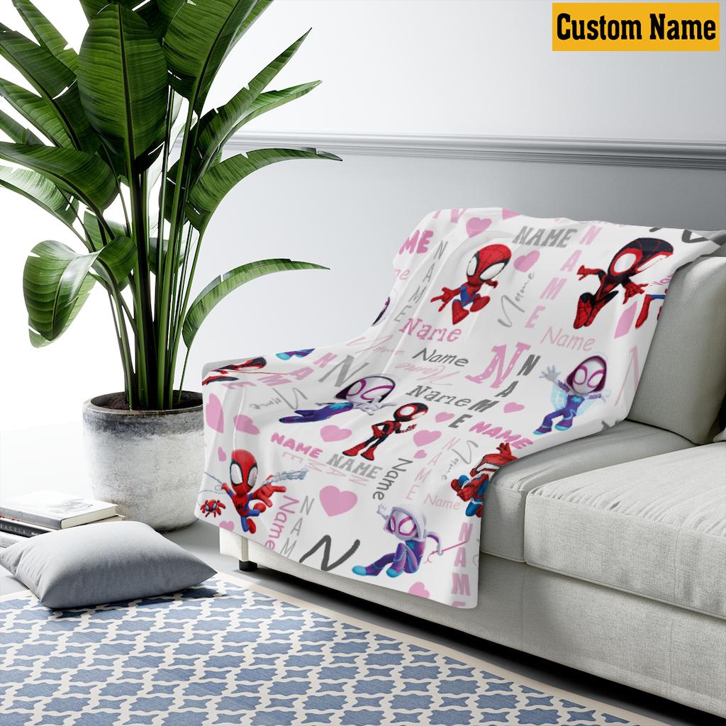 Personalized Spidey and Friends Blanket, Custom Name Cute Spider Fleece Throw, Cute Superhero Girl Room Decor Kids Gift, Birthday Boy