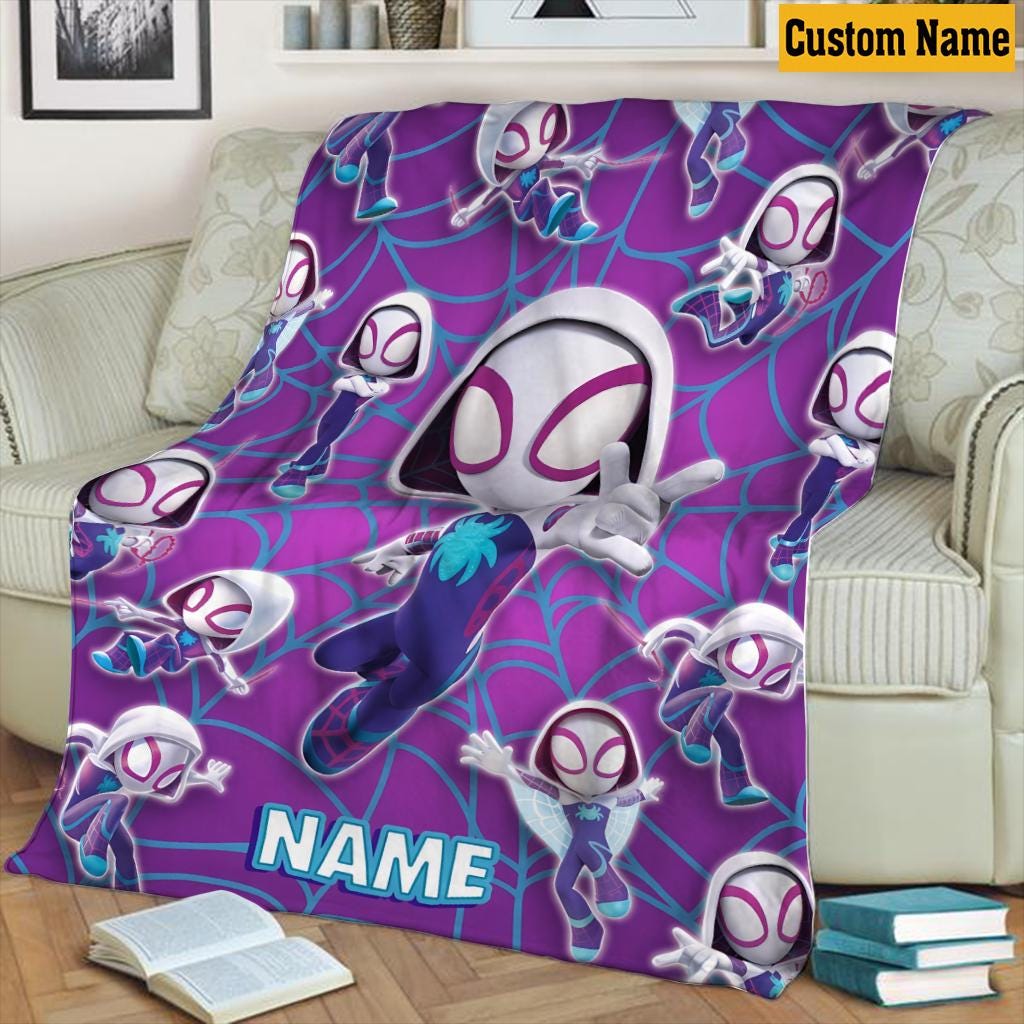 Personalized Ghost Spider Blanket, Custom Name Purple Spider Girl Fleece Throw Blanket, Cute Superhero Bedroom Decor, Kids Birthday Gift
