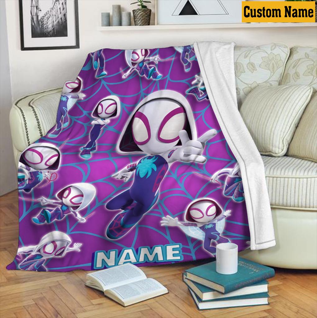 Personalized Ghost Spider Blanket, Custom Name Purple Spider Girl Fleece Throw Blanket, Cute Superhero Bedroom Decor, Kids Birthday Gift