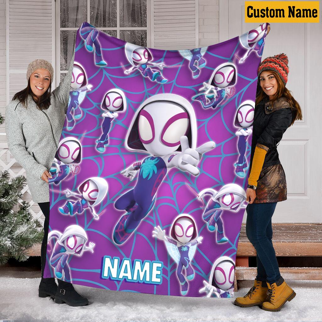 Personalized Ghost Spider Blanket, Custom Name Purple Spider Girl Fleece Throw Blanket, Cute Superhero Bedroom Decor, Kids Birthday Gift