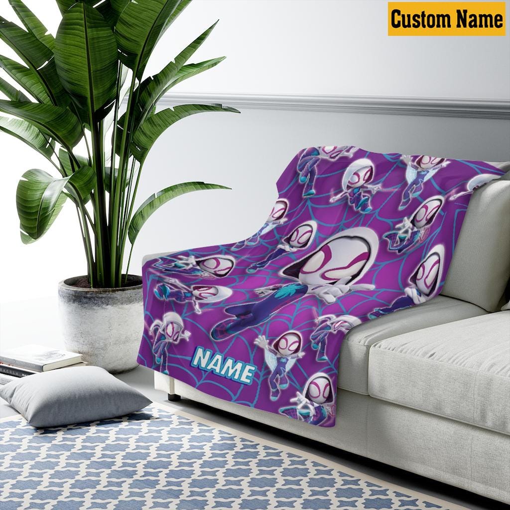 Personalized Ghost Spider Blanket, Custom Name Purple Spider Girl Fleece Throw Blanket, Cute Superhero Bedroom Decor, Kids Birthday Gift