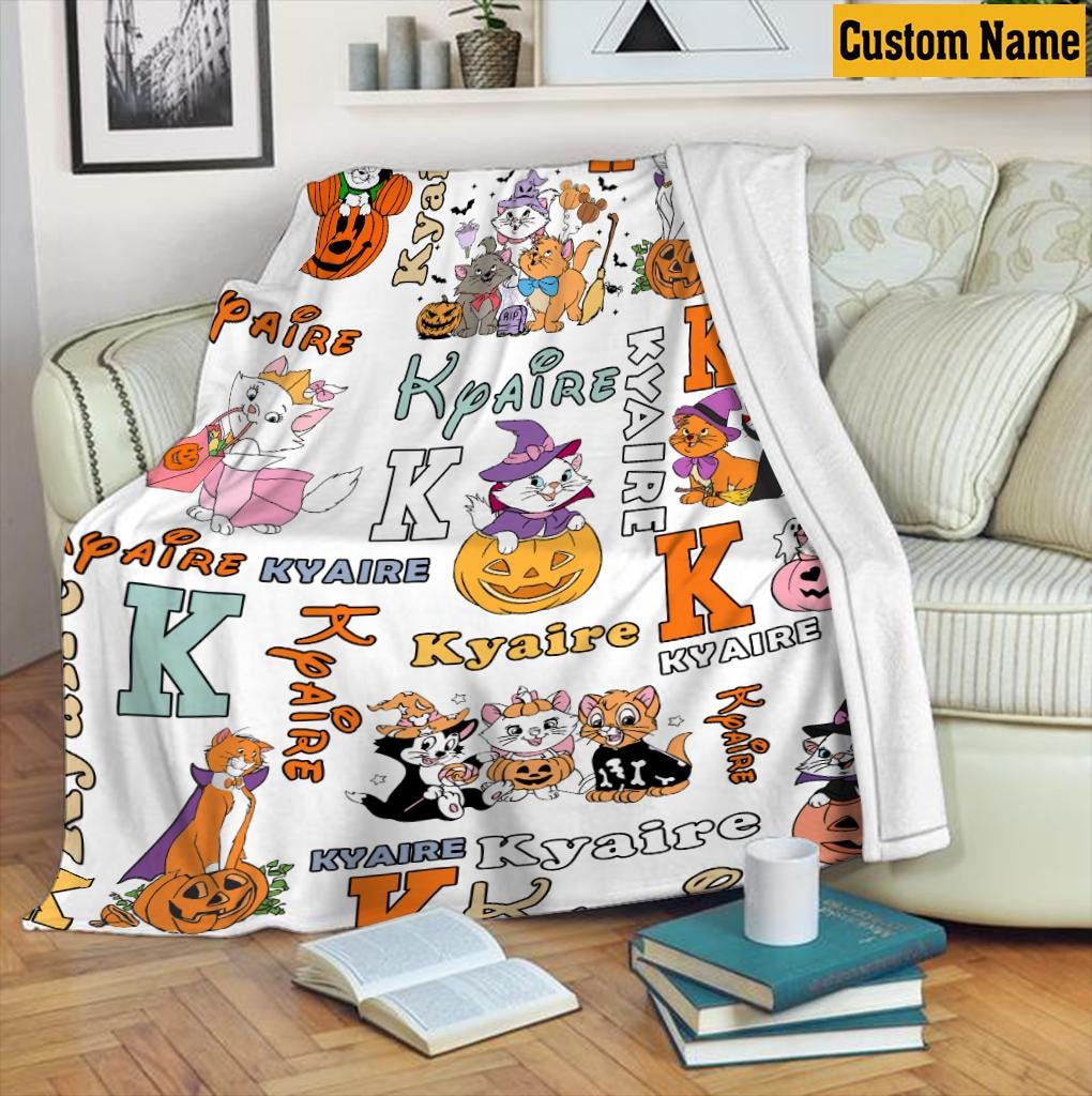Personalized Aristocats Halloween Blanket, Custom Name Kitten Pumpkin Monogram Fleece Throw Blanket, Cute Spooky Cat Room Decor Kids Gift