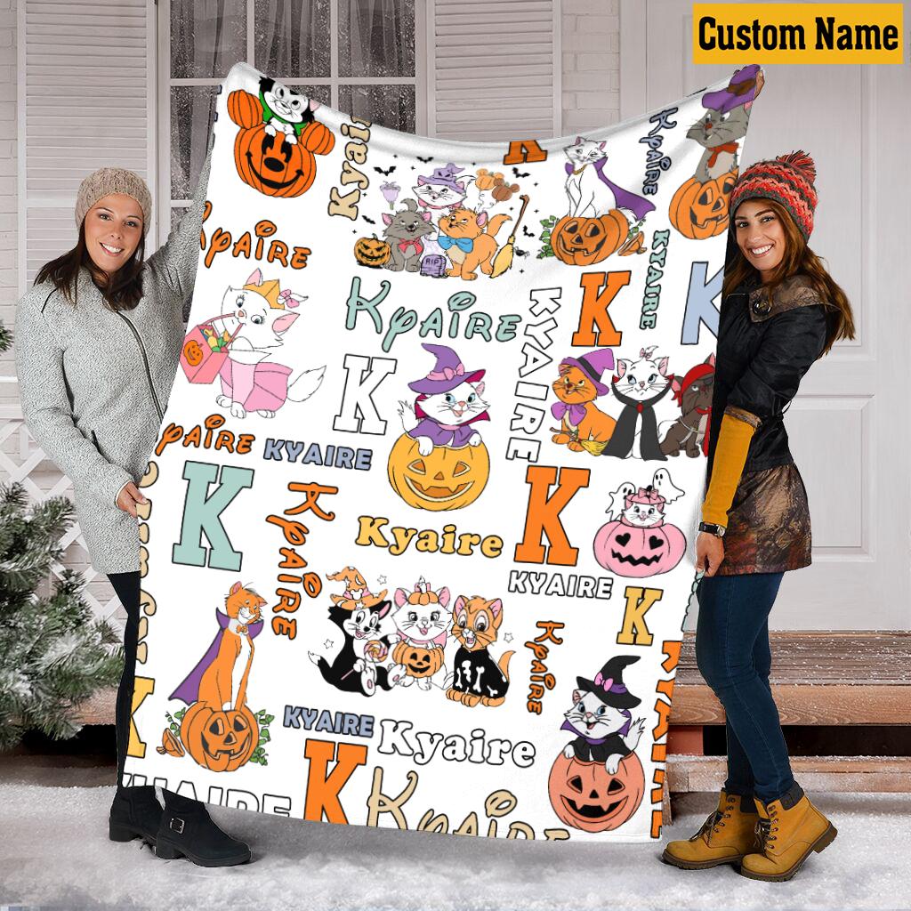 Personalized Aristocats Halloween Blanket, Custom Name Kitten Pumpkin Monogram Fleece Throw Blanket, Cute Spooky Cat Room Decor Kids Gift