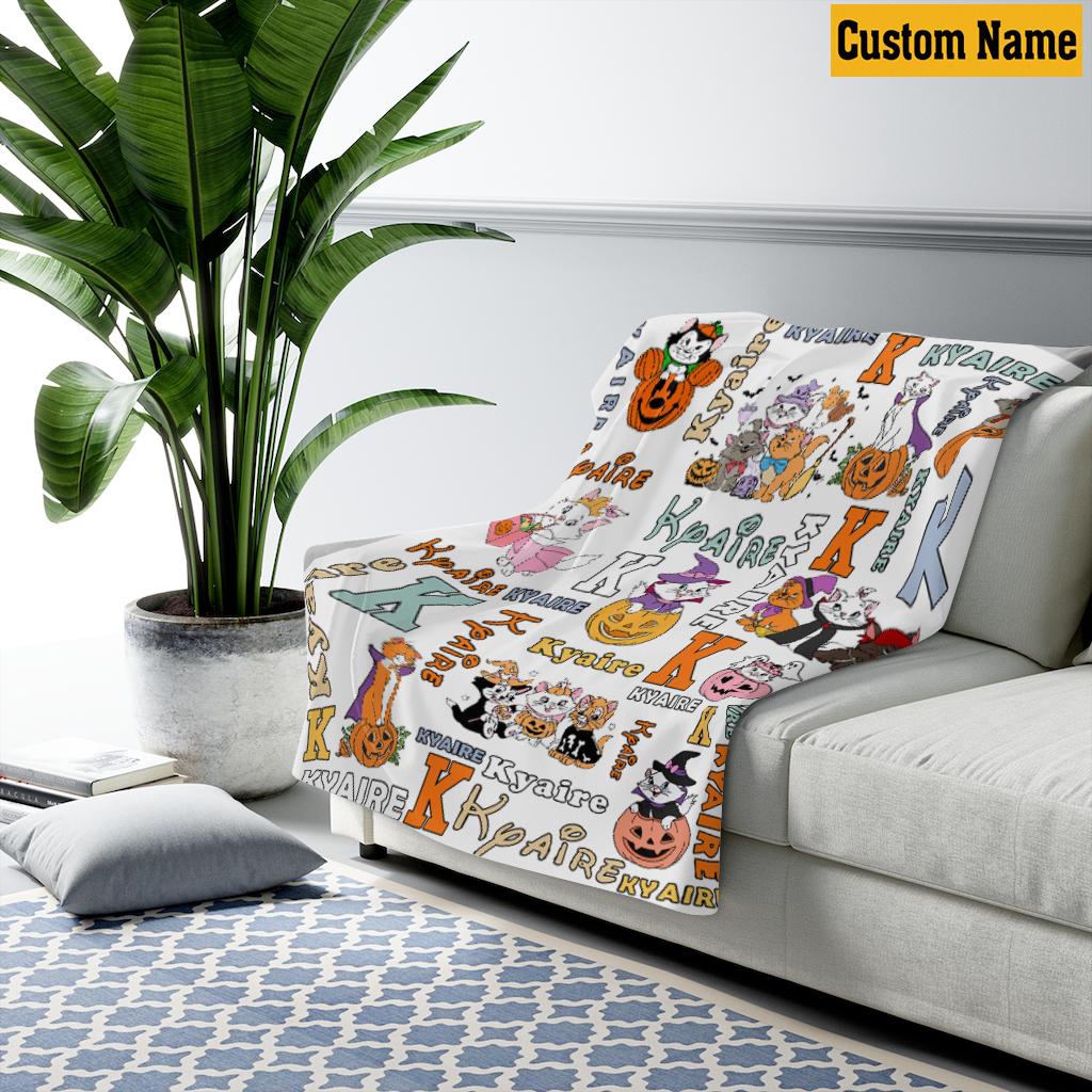 Personalized Aristocats Halloween Blanket, Custom Name Kitten Pumpkin Monogram Fleece Throw Blanket, Cute Spooky Cat Room Decor Kids Gift