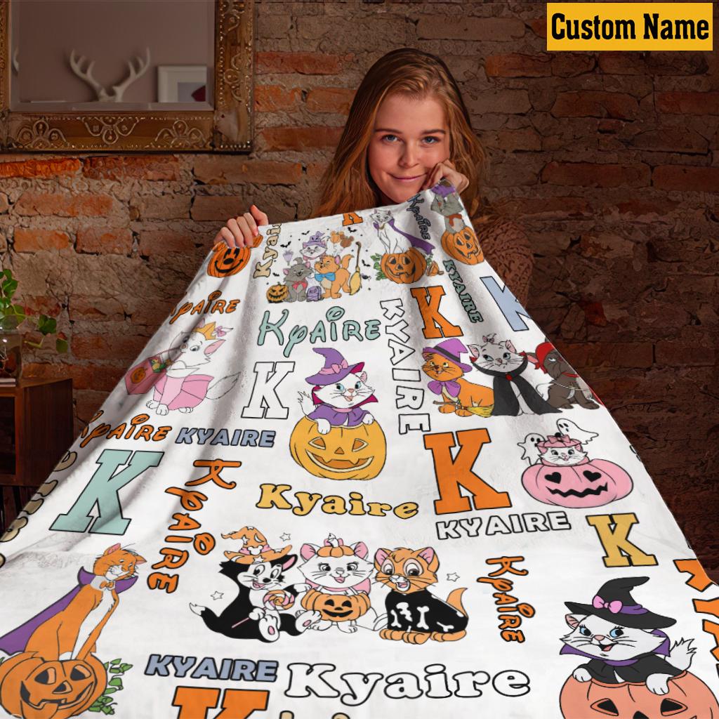 Personalized Aristocats Halloween Blanket, Custom Name Kitten Pumpkin Monogram Fleece Throw Blanket, Cute Spooky Cat Room Decor Kids Gift