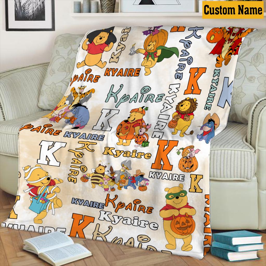 Personalized Winnie The Pooh Halloween Blanket, Custom Name Bear Pumpkin Fleece Throw Blanket, Cute Spooky Nursery Decor Kids Birthday Gift