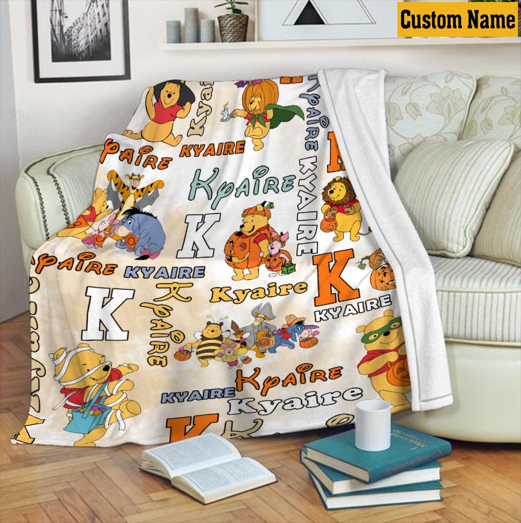 Personalized Winnie The Pooh Halloween Blanket, Custom Name Bear Pumpkin Fleece Throw Blanket, Cute Spooky Nursery Decor Kids Birthday Gift