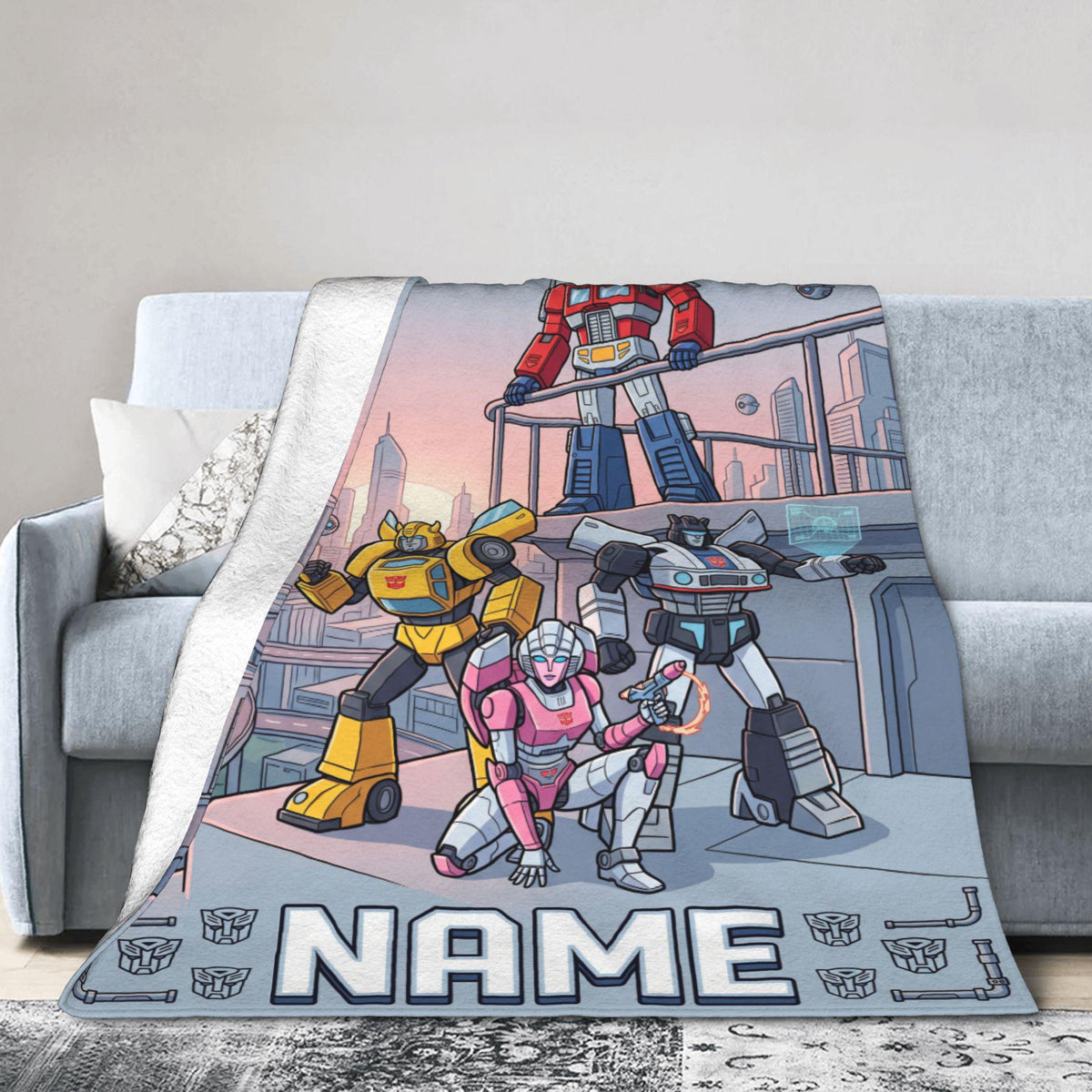 Personalized Transformers City Guardian Blanket, Custom Autobot Team Kids Throw