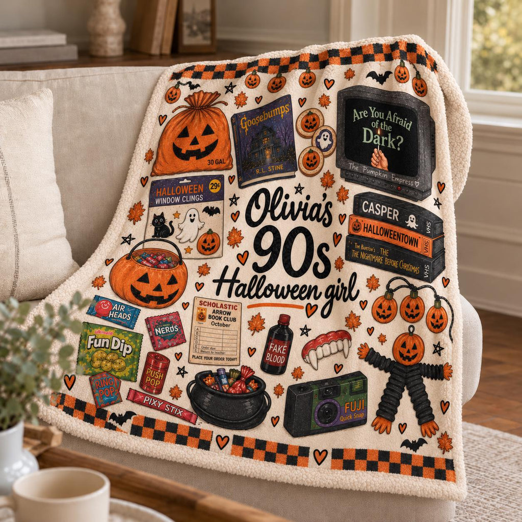 Personalized 90s Halloween Blanket, Retro Halloween Nostalgia Throw, Vintage Spooky Season Blanket, Halloween Movie Night Gift