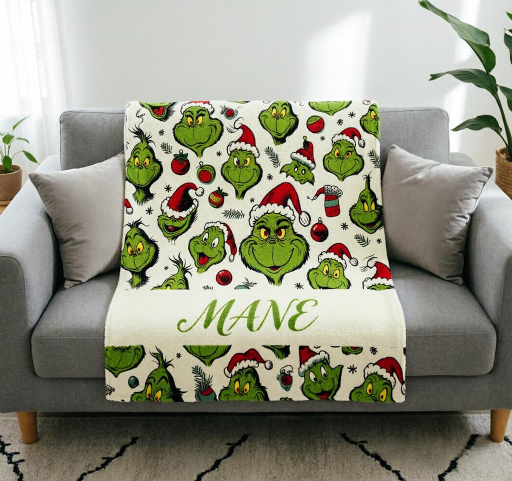 Grinch Blanket Soft Throw Custom Name, Fun Christmas Family Gift