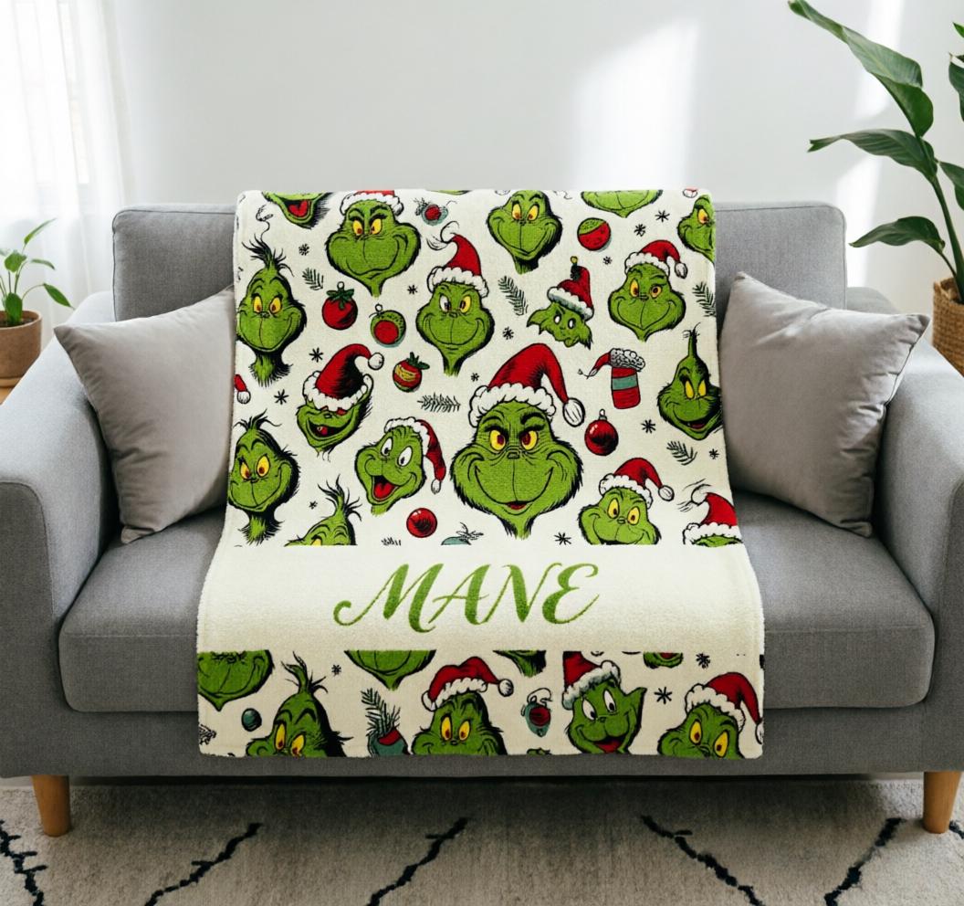 Grinch Blanket Soft Throw Custom Name, Fun Christmas Family Gift