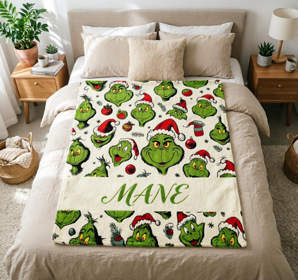 Grinch Blanket Soft Throw Custom Name, Fun Christmas Family Gift