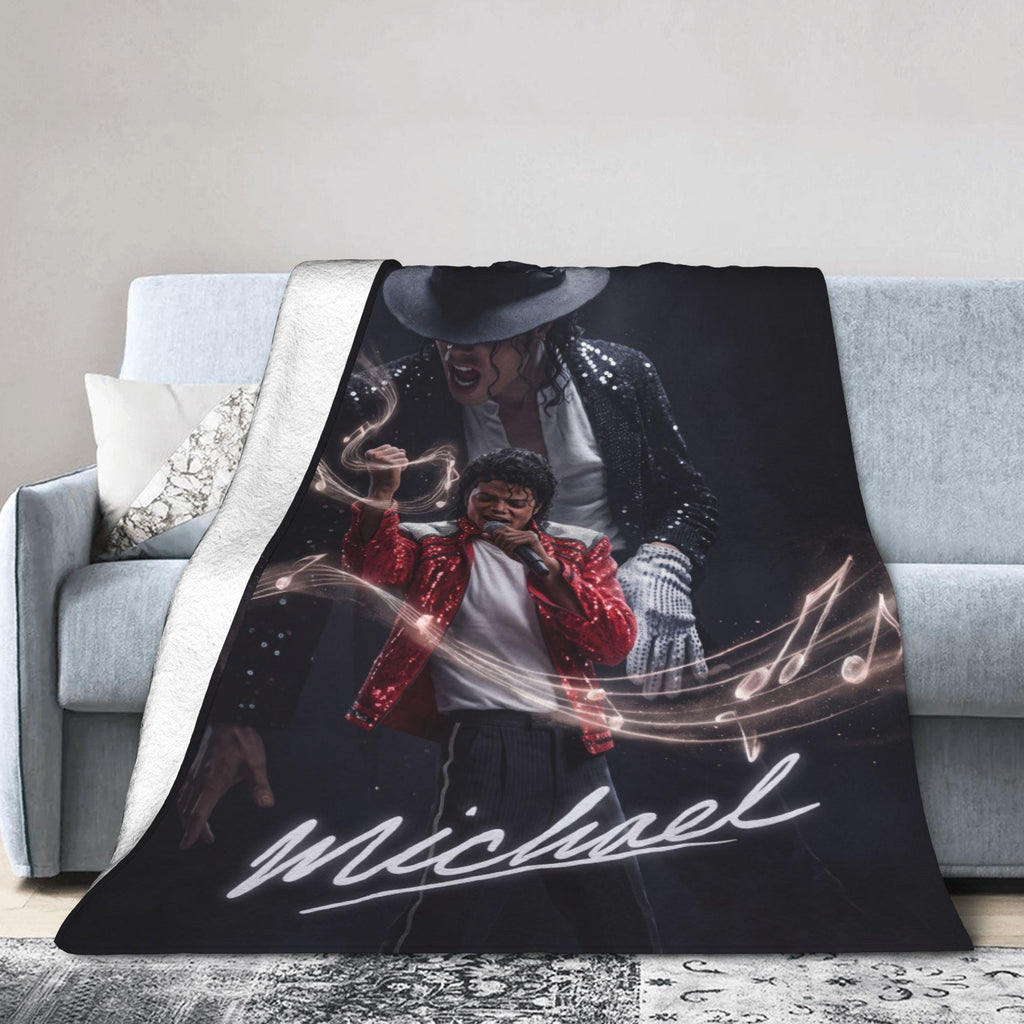 Personalized Red Jacket Pop Legend Flannel Blanket, Custom Retro Music Hero Throw, 80s Thrill Aesthetic Bedding, Gift for Vinyl Fans