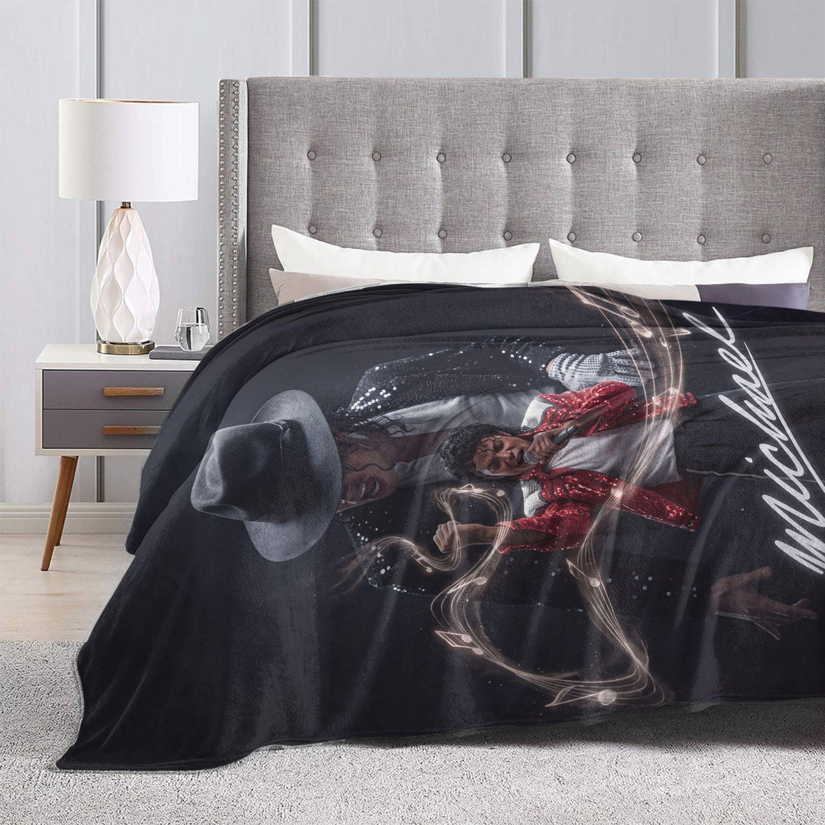 Personalized Red Jacket Pop Legend Flannel Blanket, Custom Retro Music Hero Throw, 80s Thrill Aesthetic Bedding, Gift for Vinyl Fans