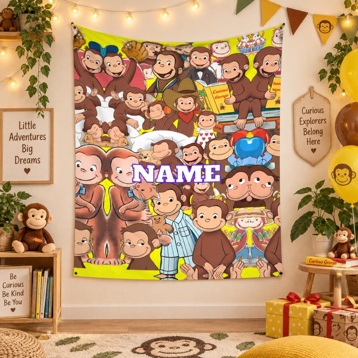 Curious George Blanket Personalized Name, Curious George Flannel Throw Blanket, Monkey Kids Blanket, Birthday Gift for Children