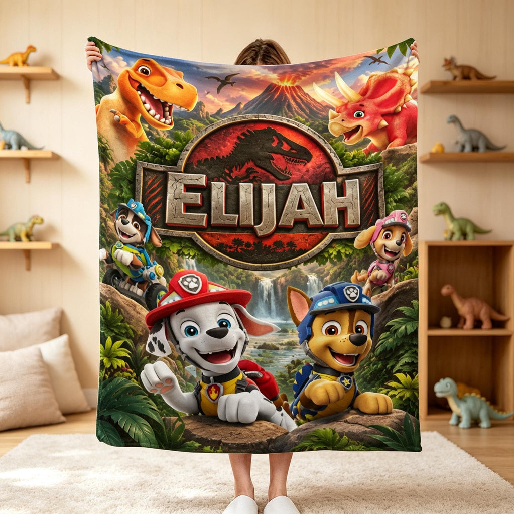 Personalized Dinosaur Adventure Blanket Custom Name Kids Throw Blanket Birthday Gift Cozy Fleece Blanket