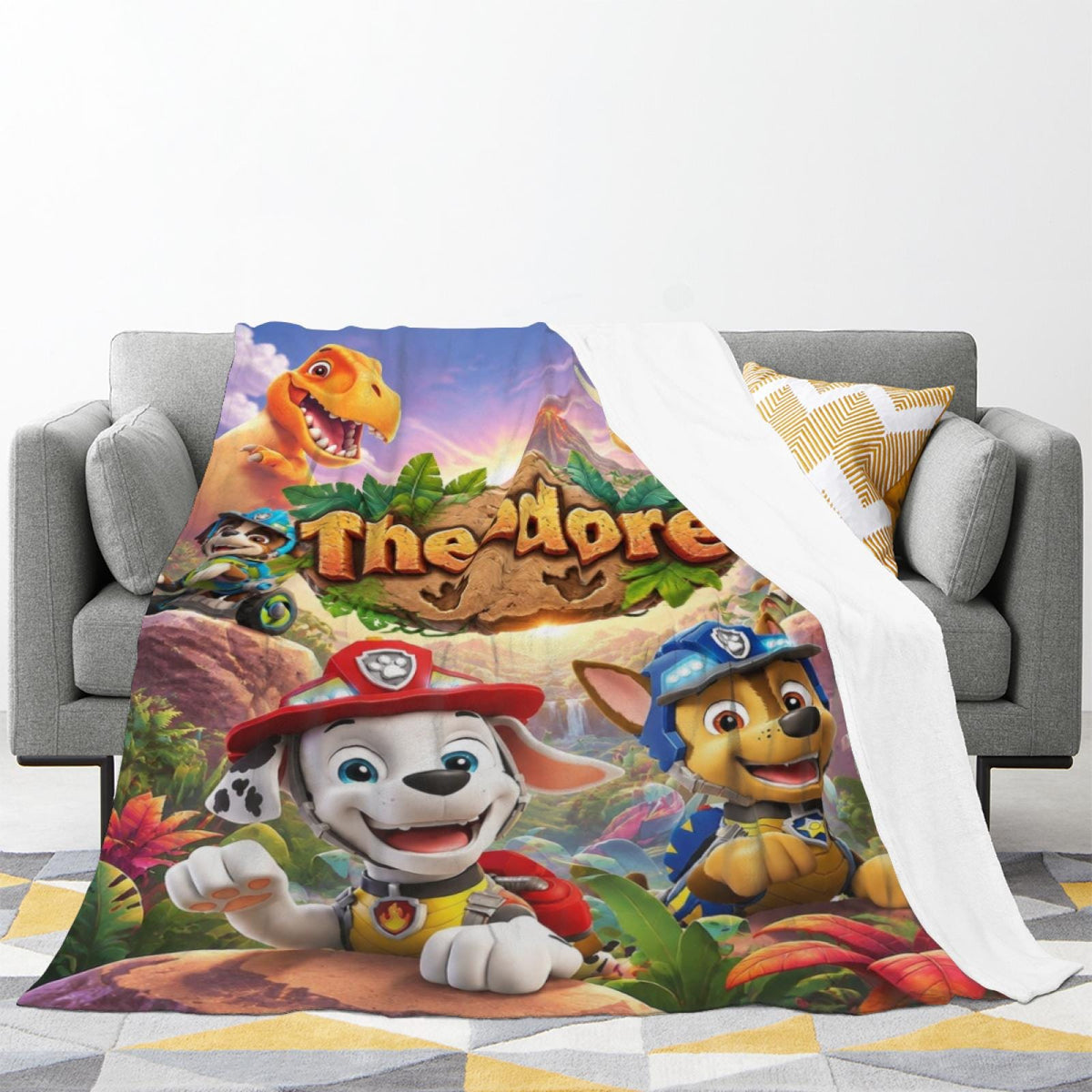 Personalized Rescue Pups Dinosaur Blanket Custom Name Stone Sign Soft Fleece Sofa Throw