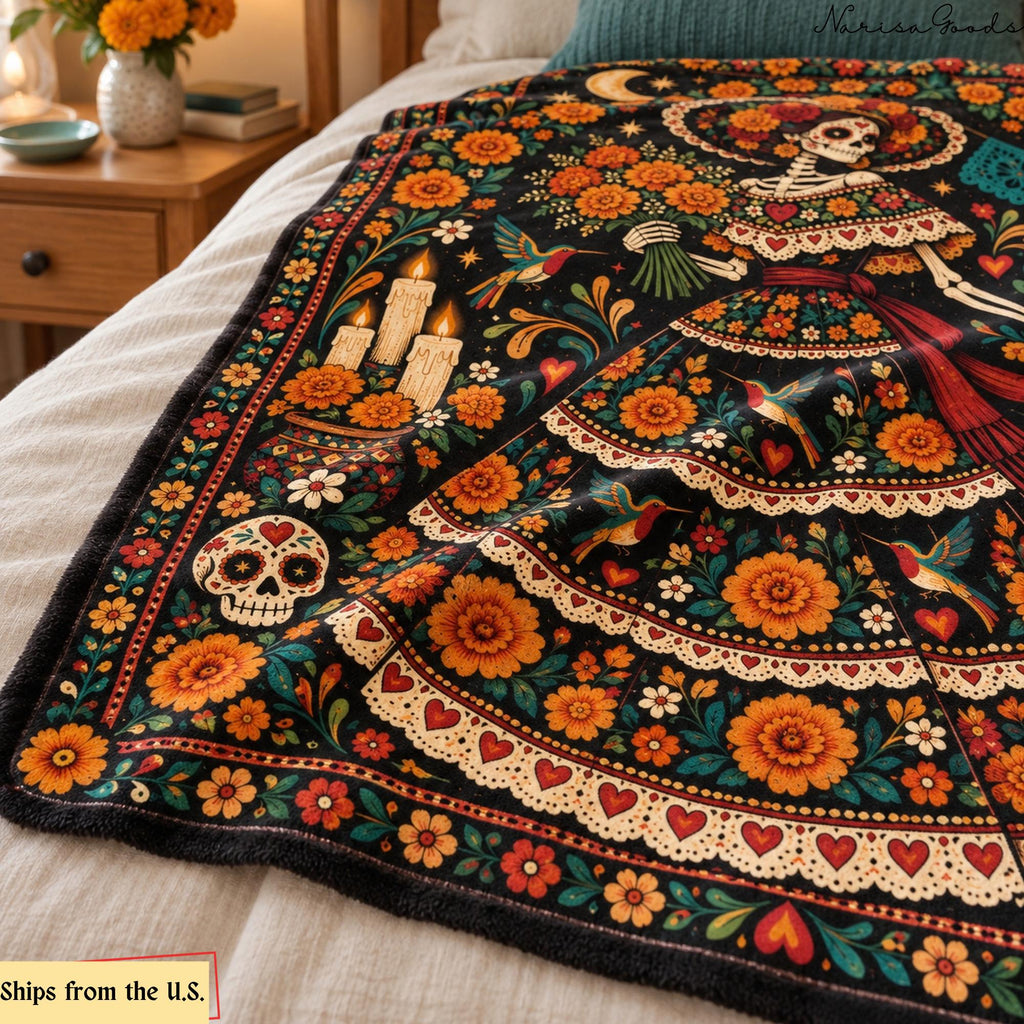 Day of the Dead Flannel Blanket, La Catrina with Marigolds and Hummingbirds, Sugar Skull Floral Throw, Mexican Folk Art