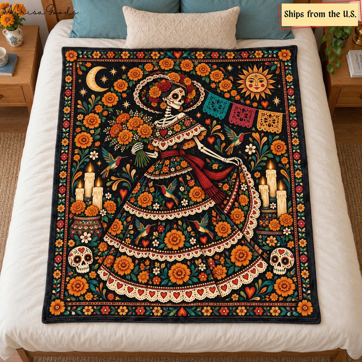 Day of the Dead Flannel Blanket, La Catrina with Marigolds and Hummingbirds, Sugar Skull Floral Throw, Mexican Folk Art