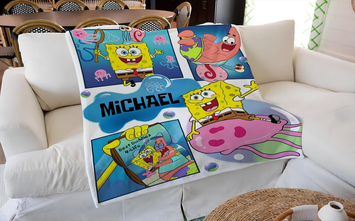 Personalized SpongeBob Blanket, Custom SpongeBob Throw with Name, Yellow Cartoon Blanket, Funny Kids Gift, Cozy Nickelodeon Inspired Blanket