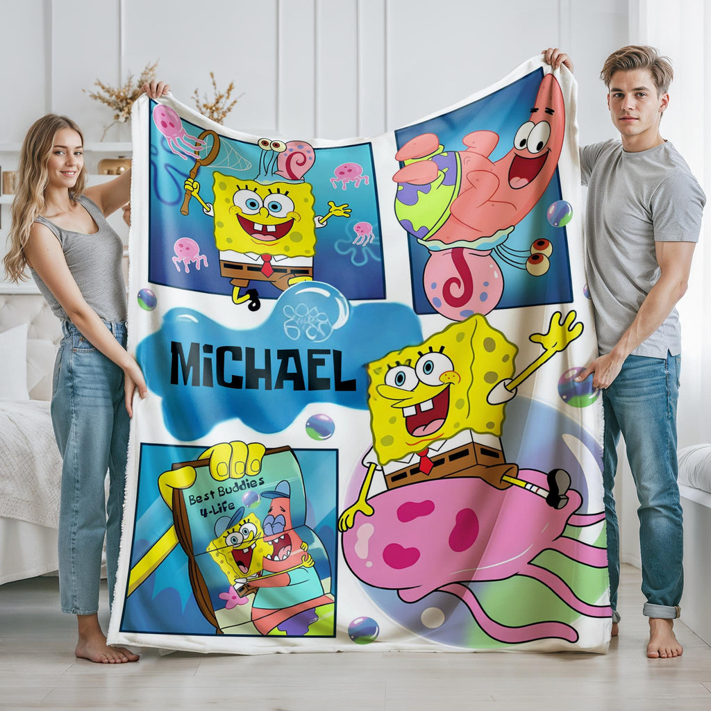 Personalized SpongeBob Blanket, Custom SpongeBob Throw with Name, Yellow Cartoon Blanket, Funny Kids Gift, Cozy Nickelodeon Inspired Blanket
