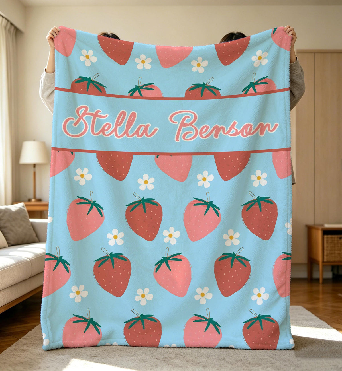 Personalized Strawberry Baby Blanket,Spring Custom Flannel Blanket,Cute Kid Nursery Decor,Gift For Baby Girl,Fruit Pattern Throw,Baby Shower