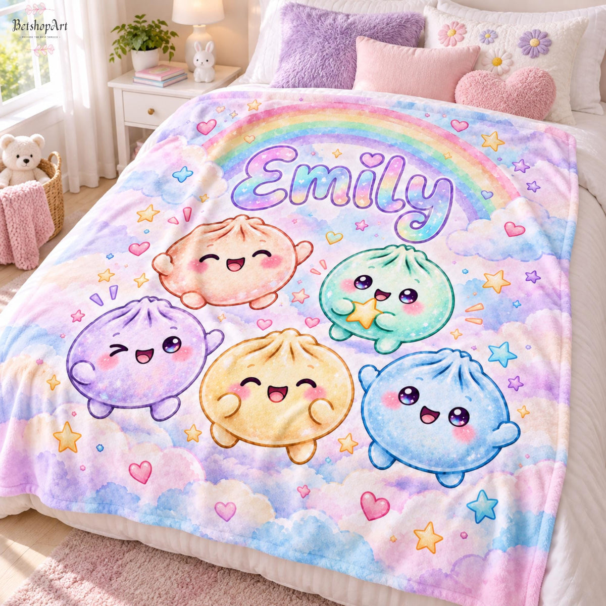 Personalized Kawaii Squishy Dumpling Blanket,Custom Name Rainbow Flannel Throw for Girls,Cute Bao Bun Kids Blanket, Pastel Nursery Decor