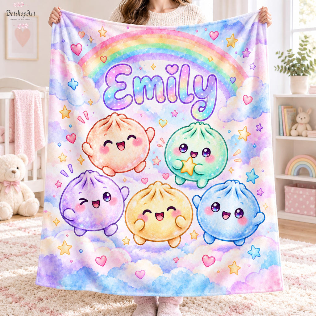 Personalized Kawaii Squishy Dumpling Blanket,Custom Name Rainbow Flannel Throw for Girls,Cute Bao Bun Kids Blanket, Pastel Nursery Decor