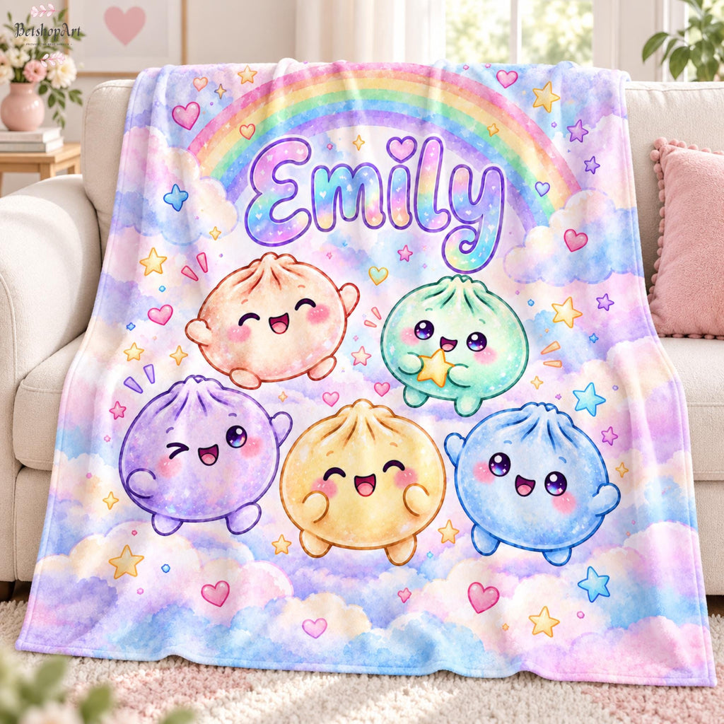 Personalized Kawaii Squishy Dumpling Blanket,Custom Name Rainbow Flannel Throw for Girls,Cute Bao Bun Kids Blanket, Pastel Nursery Decor