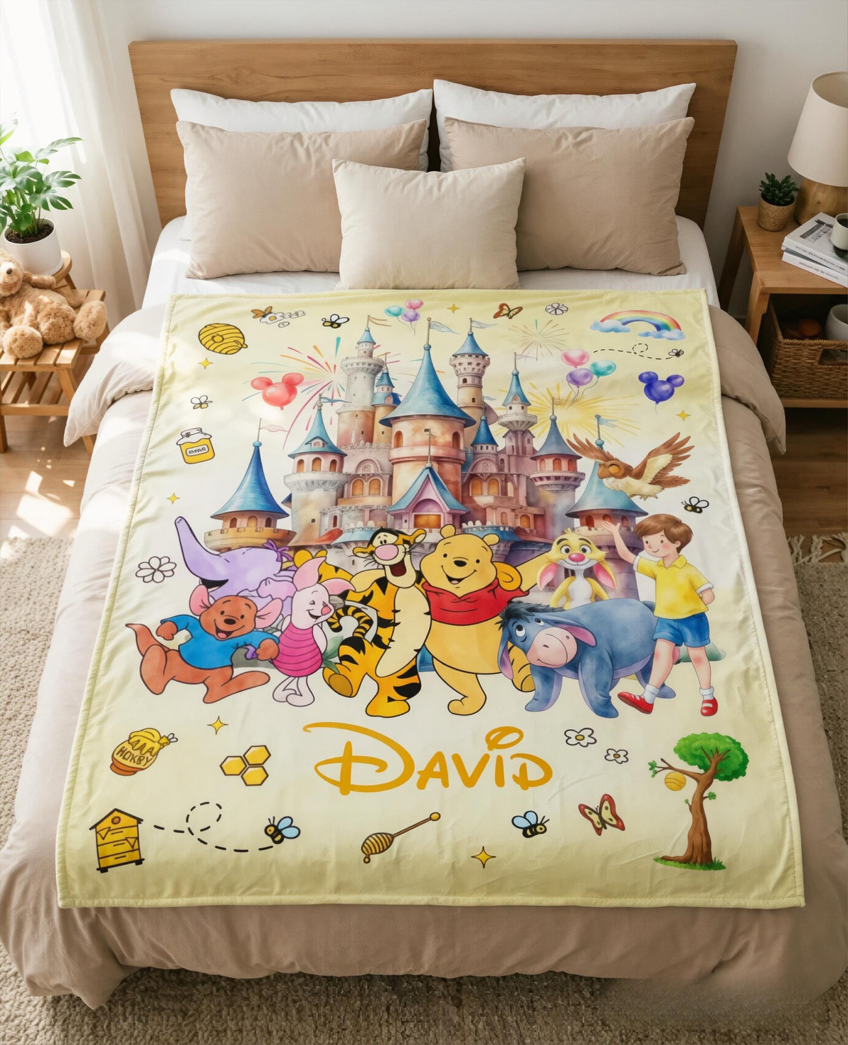 Custom Name Winnie the Pooh Blanket, Hundred Acre Wood Characters, Cozy Flannel Fleece Throw