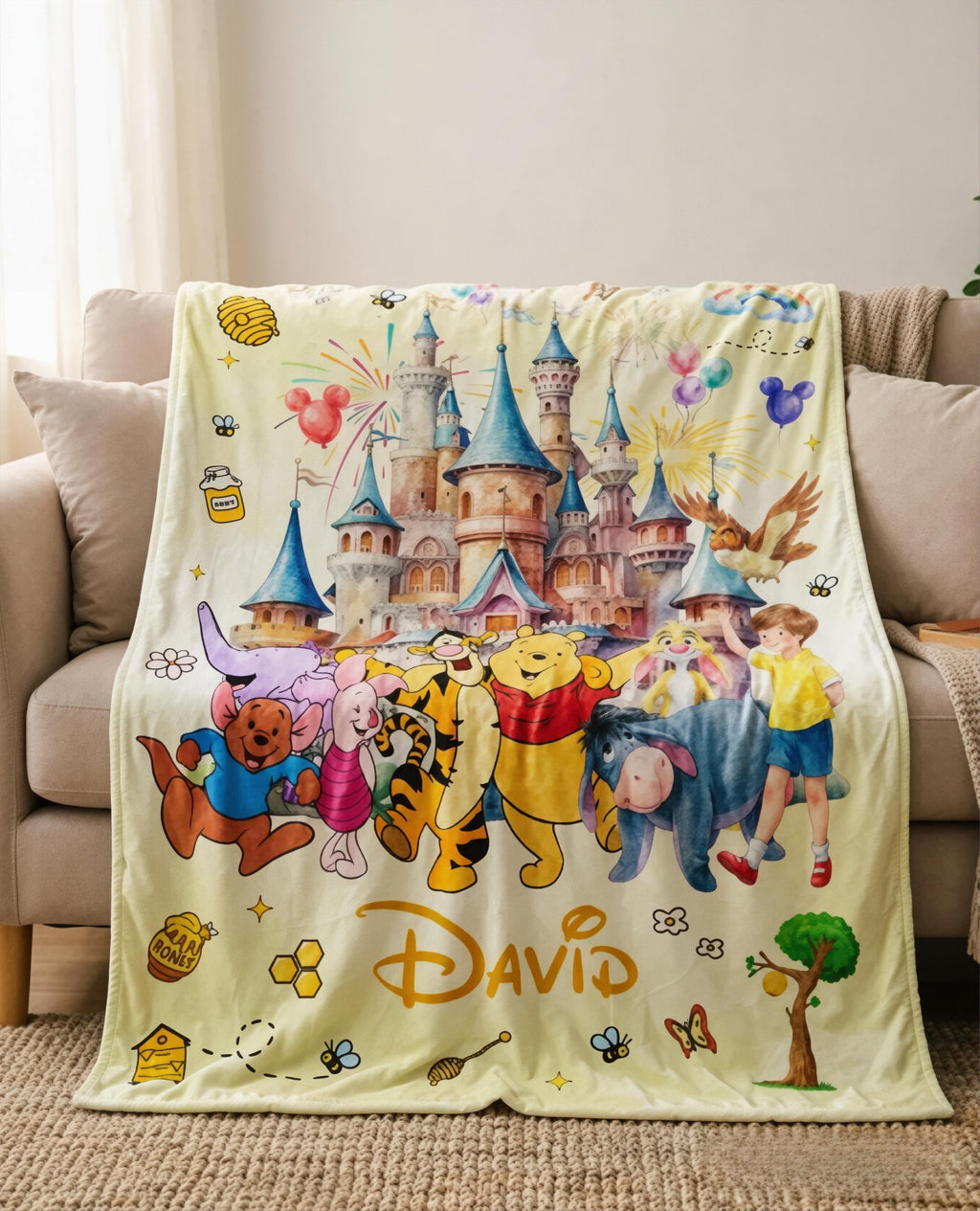 Custom Name Winnie the Pooh Blanket, Hundred Acre Wood Characters, Cozy Flannel Fleece Throw