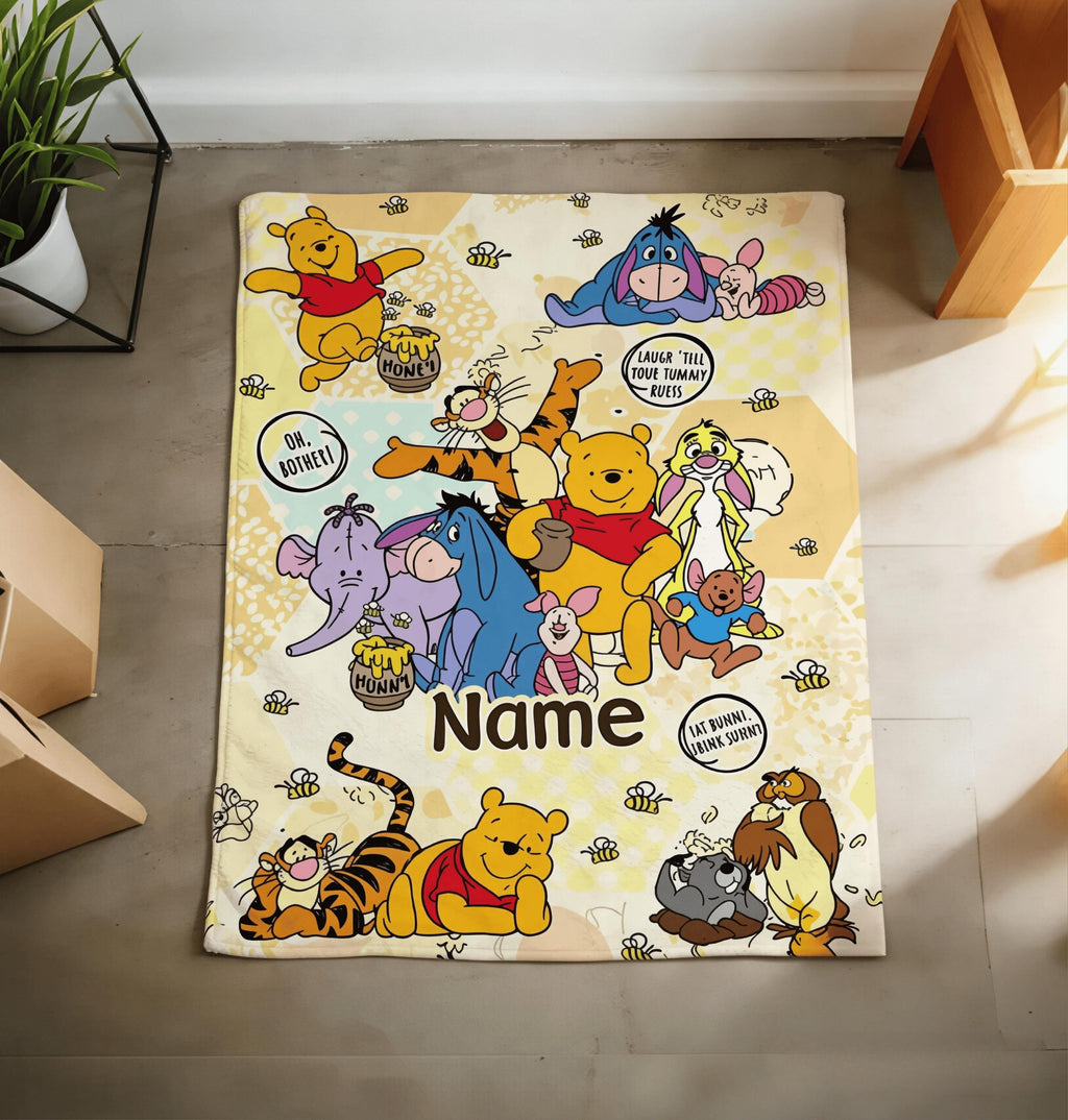 Custom Name Winnie the Pooh Blanket, Hundred Acre Wood Characters, Cozy Flannel Fleece Throw