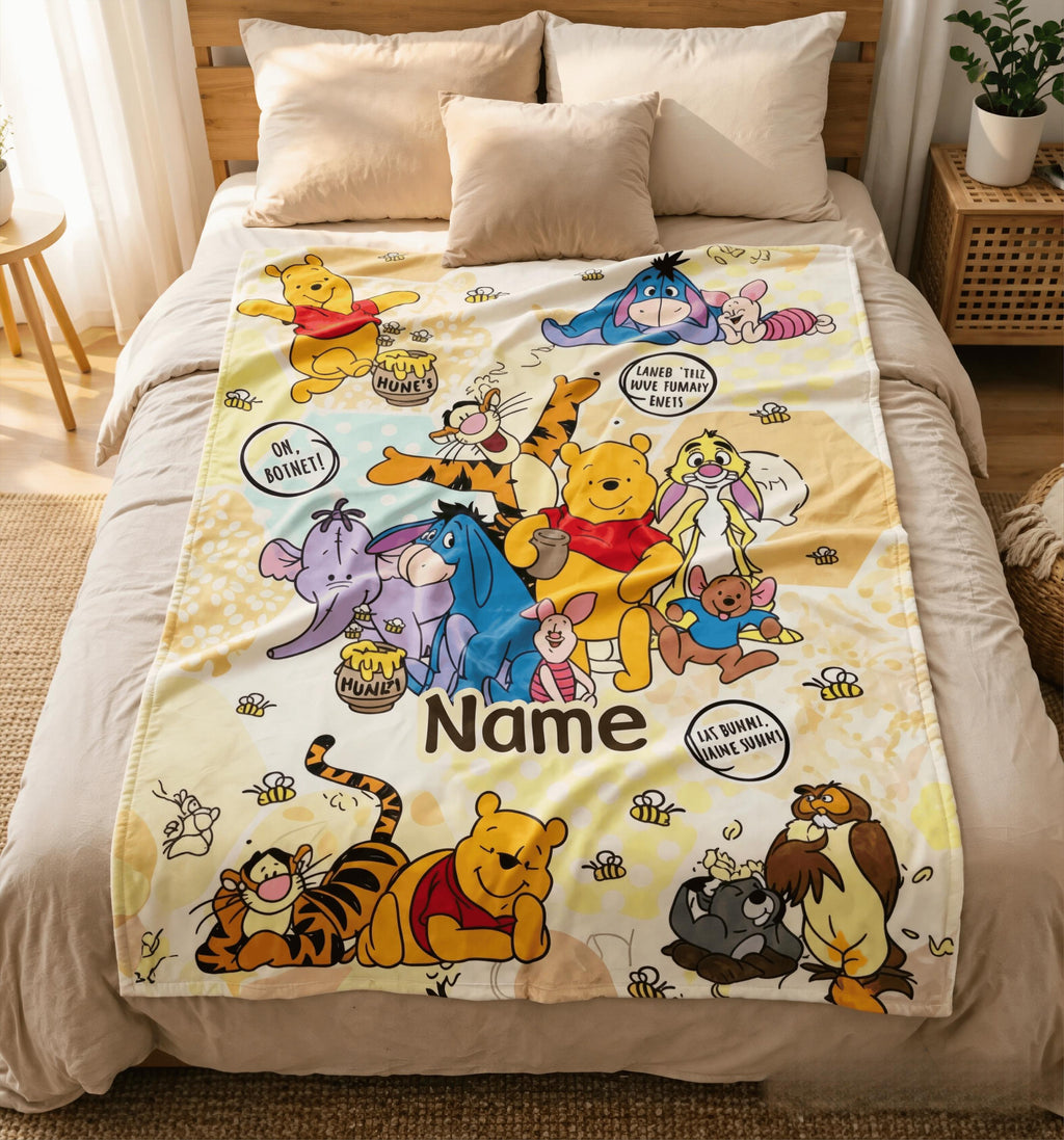Custom Name Winnie the Pooh Blanket, Hundred Acre Wood Characters, Cozy Flannel Fleece Throw