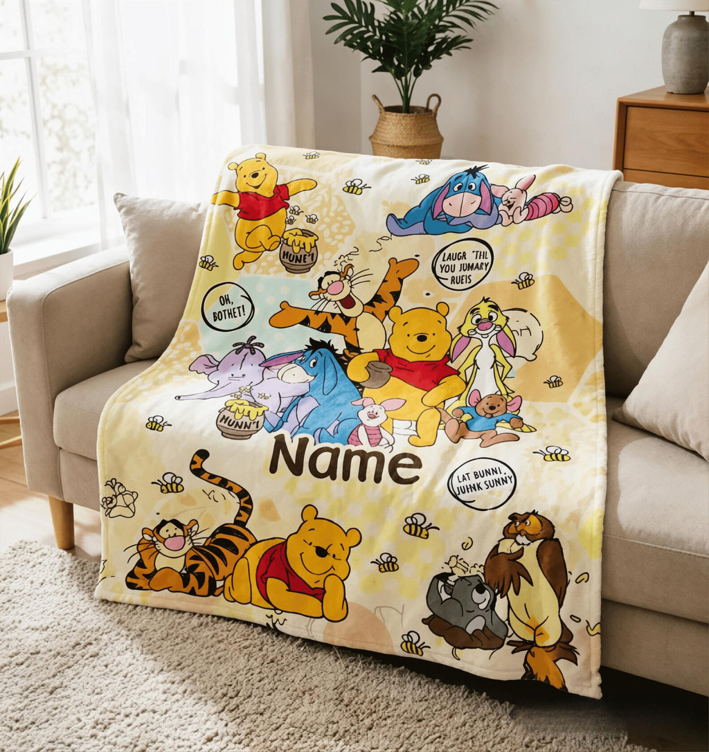 Custom Name Winnie the Pooh Blanket, Hundred Acre Wood Characters, Cozy Flannel Fleece Throw