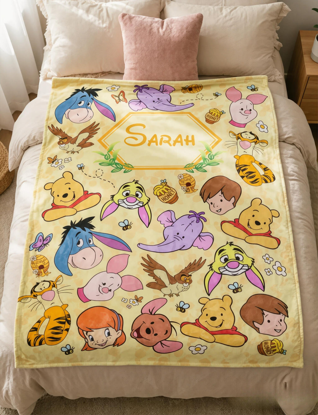 Custom Name Winnie the Pooh Blanket, Hundred Acre Wood Characters, Cozy Flannel Fleece Throw