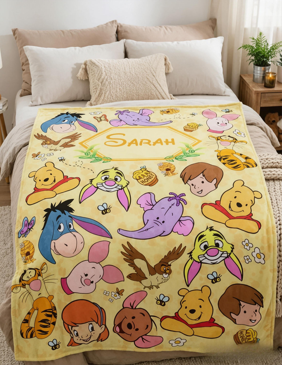 Custom Name Winnie the Pooh Blanket, Hundred Acre Wood Characters, Cozy Flannel Fleece Throw