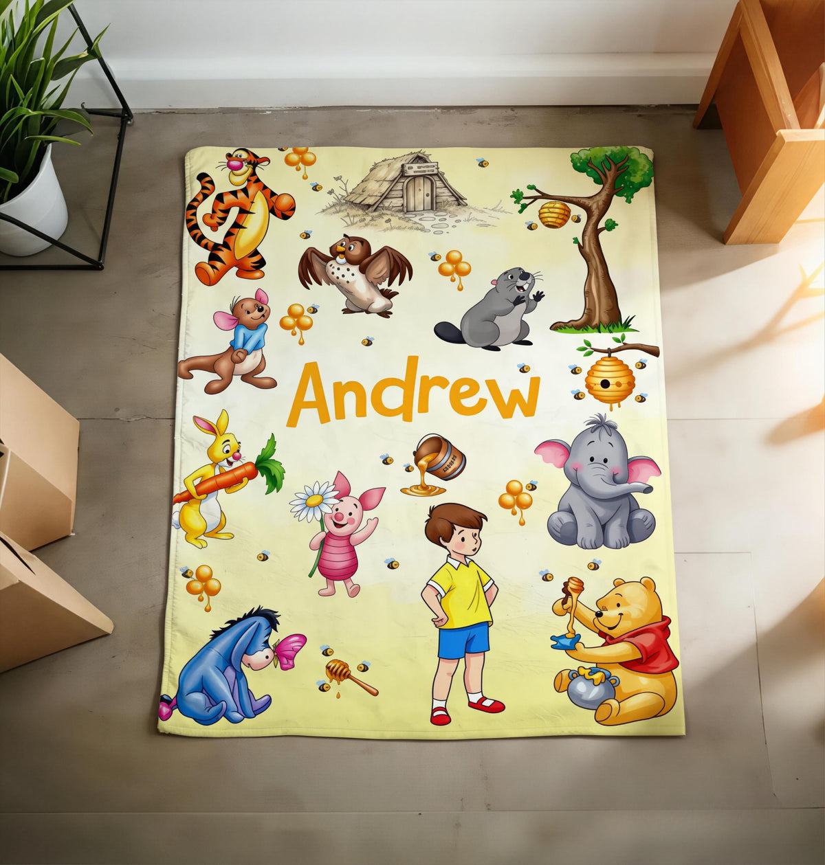Custom Name Winnie the Pooh Blanket, Hundred Acre Wood Characters, Cozy Flannel Fleece Throw