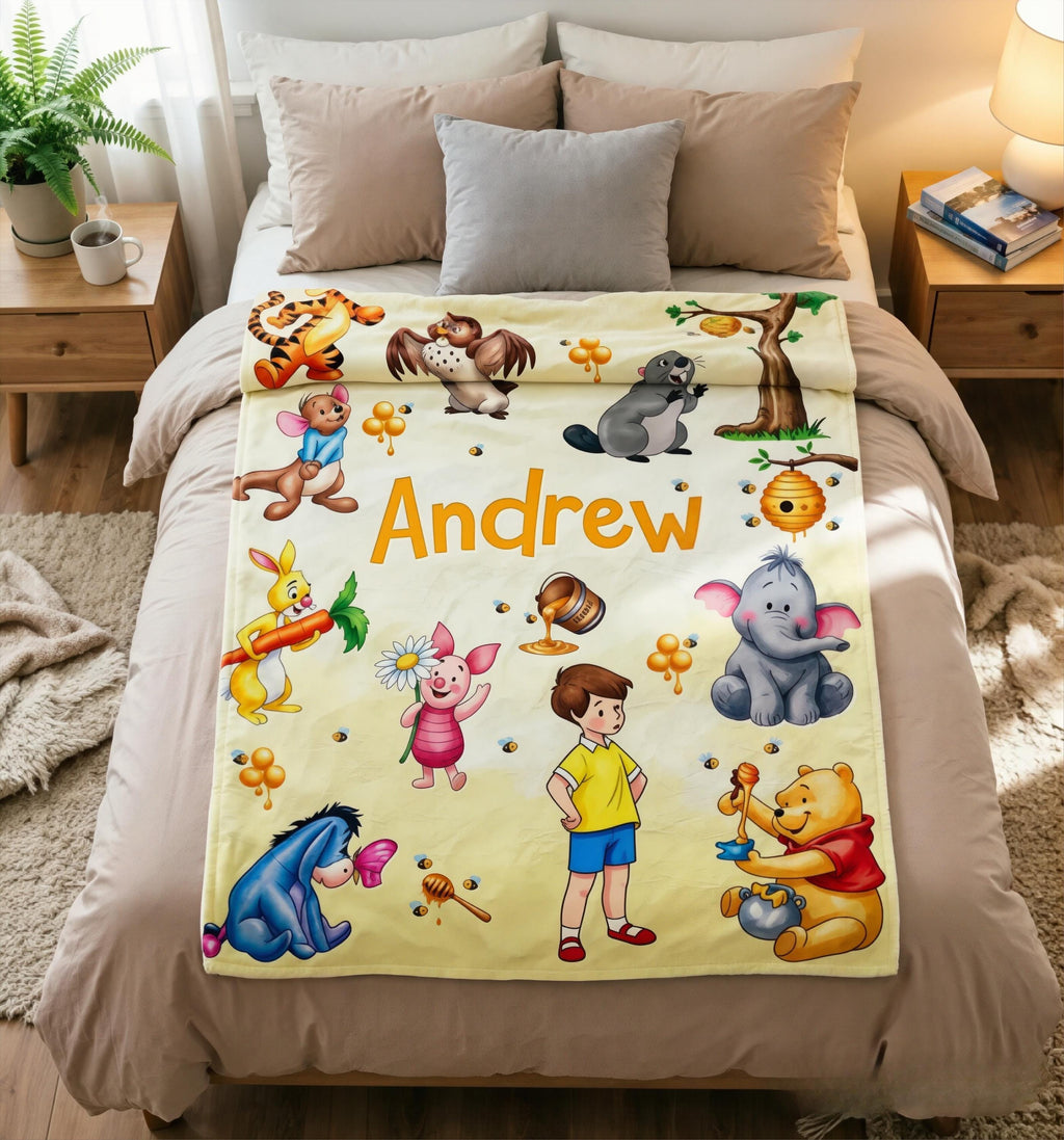 Custom Name Winnie the Pooh Blanket, Hundred Acre Wood Characters, Cozy Flannel Fleece Throw