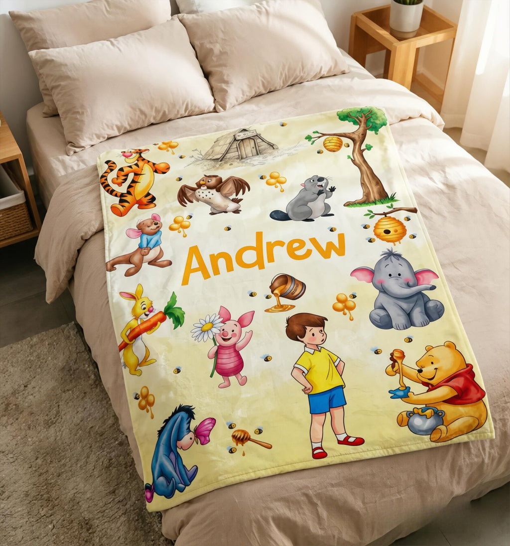 Custom Name Winnie the Pooh Blanket, Hundred Acre Wood Characters, Cozy Flannel Fleece Throw