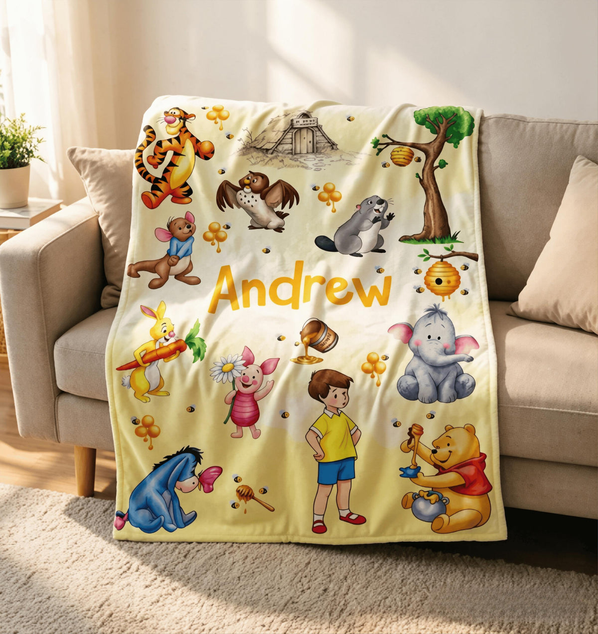 Custom Name Winnie the Pooh Blanket, Hundred Acre Wood Characters, Cozy Flannel Fleece Throw