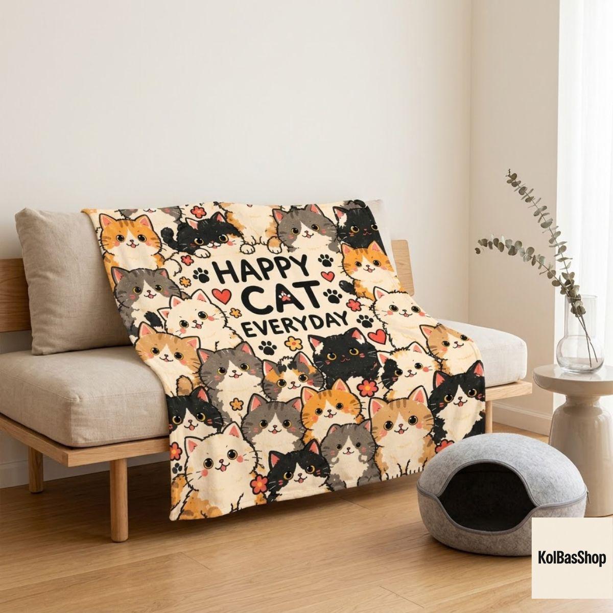 Cute Cartoon Cats Fleece Throw, Cozy Cat Lover Gift for Cat Mom, Cozy Sofa Blanket, Colorful Kitty Bedroom Decor