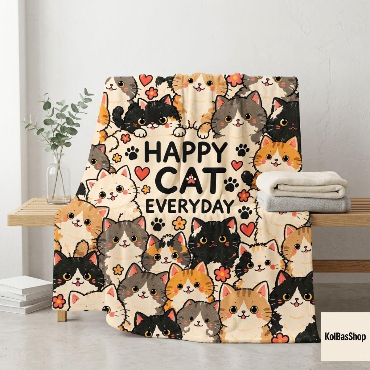 Cute Cartoon Cats Fleece Throw, Cozy Cat Lover Gift for Cat Mom, Cozy Sofa Blanket, Colorful Kitty Bedroom Decor