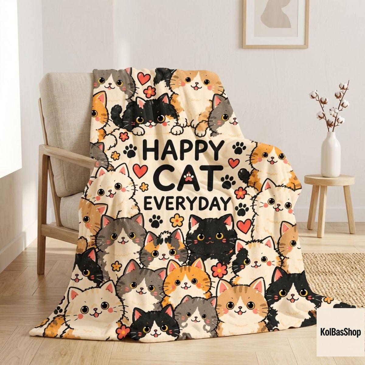 Cute Cartoon Cats Fleece Throw, Cozy Cat Lover Gift for Cat Mom, Cozy Sofa Blanket, Colorful Kitty Bedroom Decor