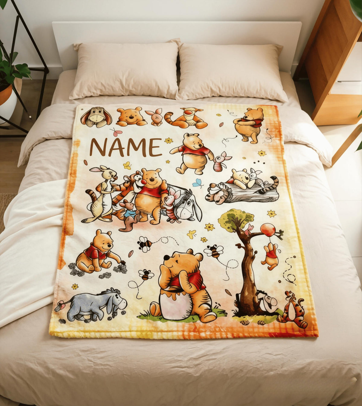 Custom Name Winnie the Pooh Blanket, Hundred Acre Wood Characters, Cozy Flannel Fleece Throw